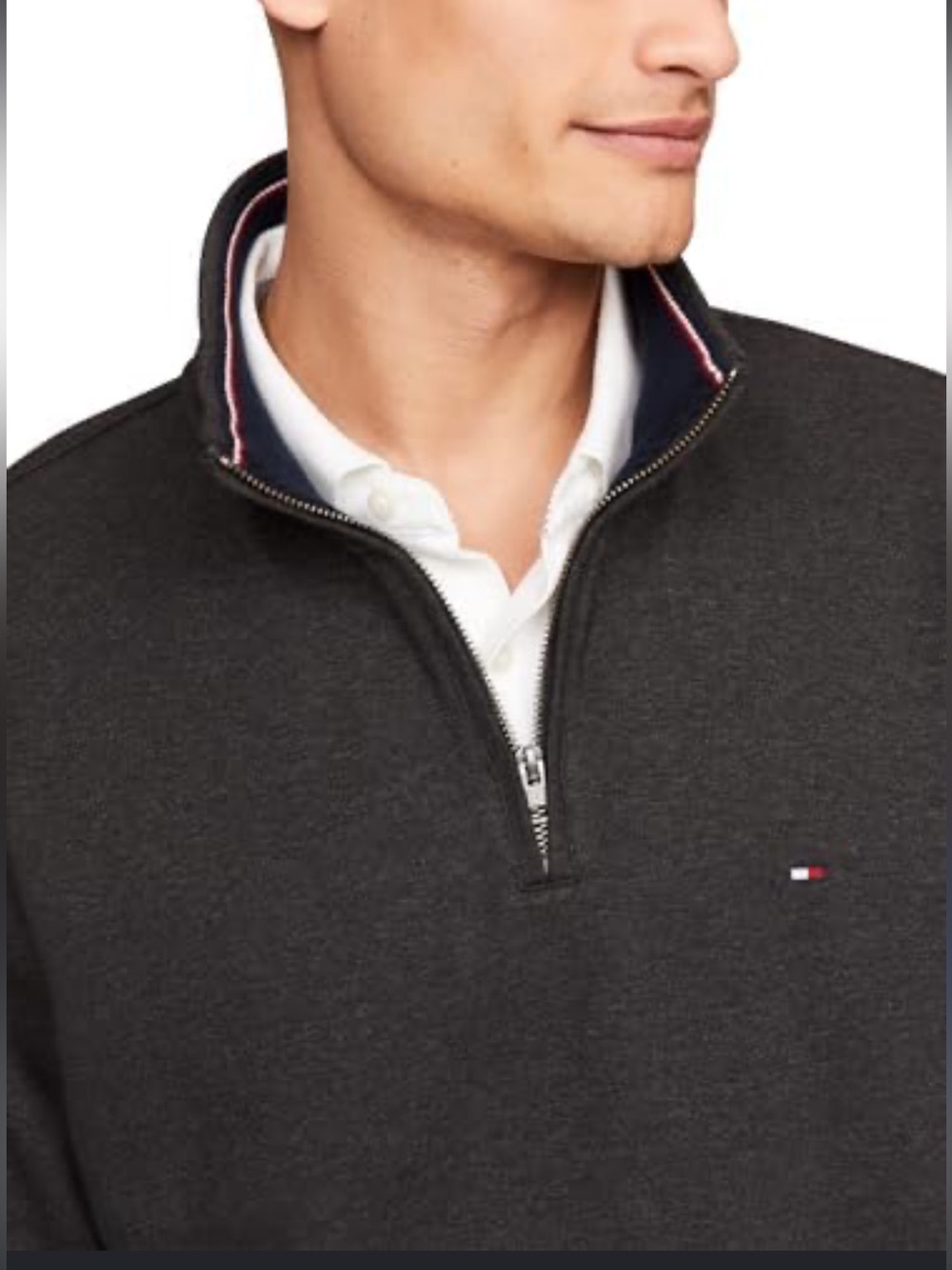 Tommy Hilfiger Men’s Charcoal Zip-Neck Sweater with Contrast Collar